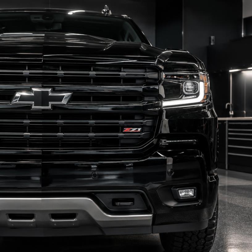 Front grille of a black American pickup truck in a garage