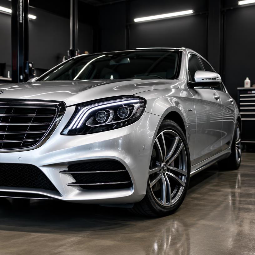 Silver European luxury sedan inside a service center