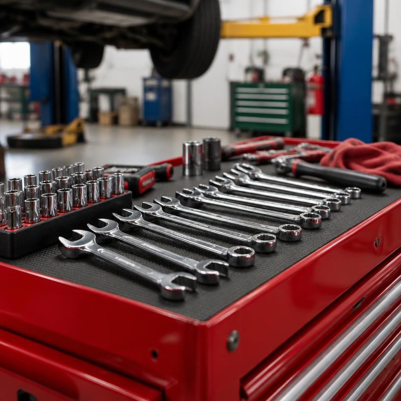 Professional automotive wrenches arranged on a red tool chest