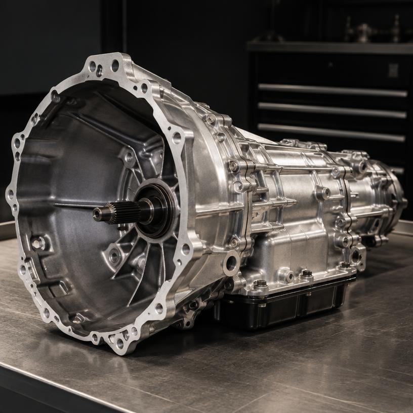 Rebuilt automatic transmission on a workshop bench